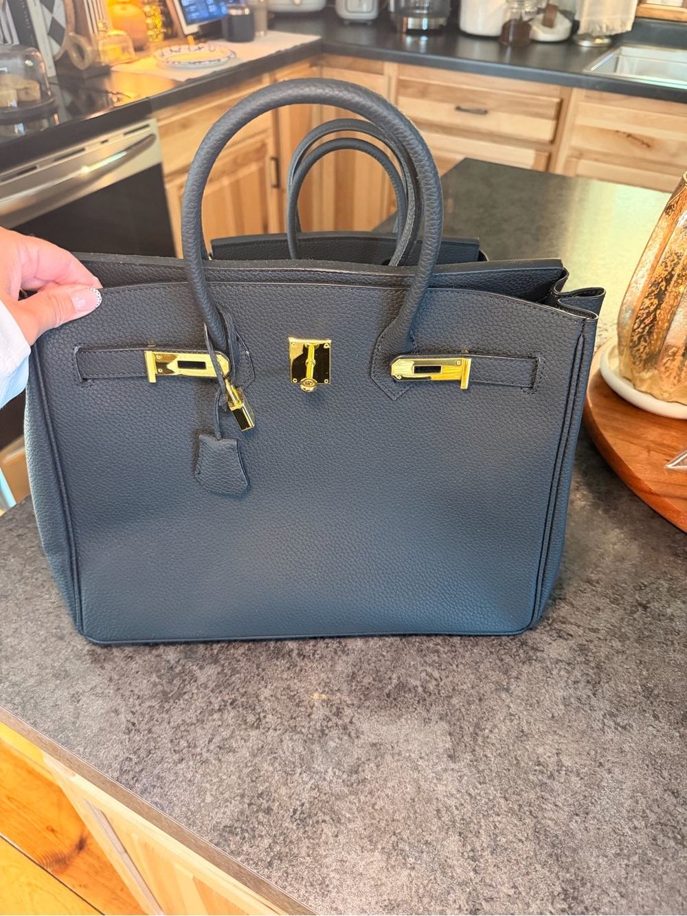 Black Leather Satchel Handbag with Gold Hardware